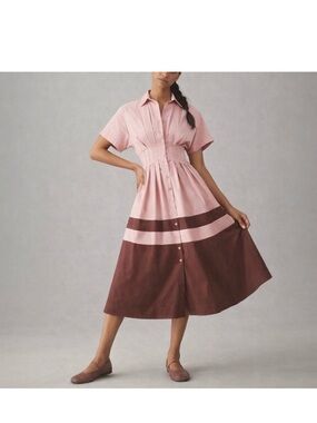 Anthropologie Exquise Tobie Button-Front Pleated Midi Shirt Dress